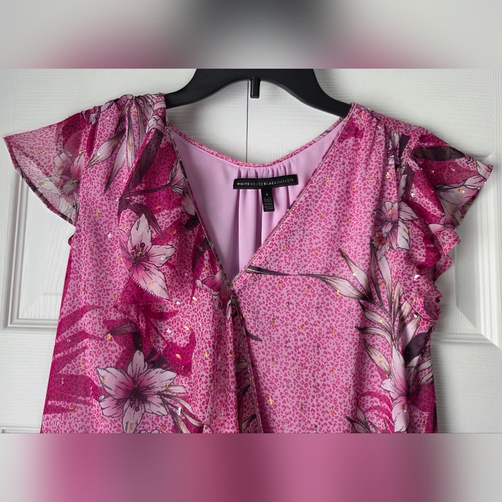 White House Black Market Pink Floral Blouse Size 4 - Picture 5 of 15